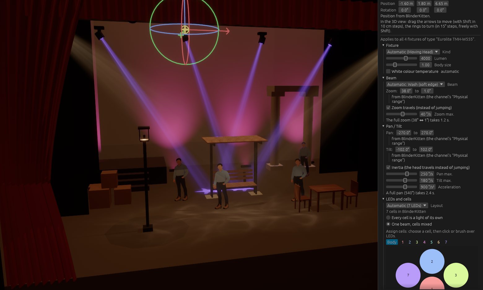Tapetum with a selected moving head, gizmo for moving it and settings of its fixture type