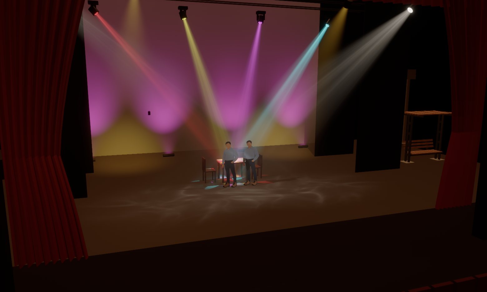 Szene „Fest“ im Beispiel: der Tisch in der Mitte, Bank und Podest auf den Seitenbühnen, farbige Moving Heads treffen sich auf dem Tisch